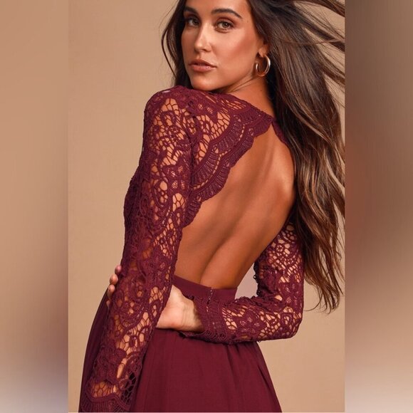 NWT Lulus Burgundy Awaken My Love Long Sleeve Open Back Lace Maxi Dress, Size S - Picture 3 of 16